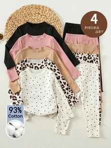 SHEIN 女嬰可愛休閒針織秋冬百搭純色豹紋愛心圖案長褲 4件套 - 彩色 - 查看 7