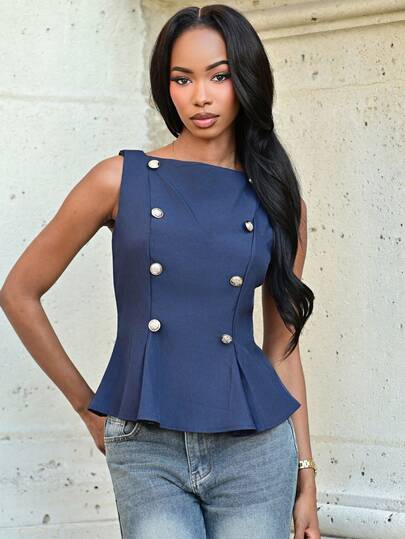 Mima John Blusa elegante de mujer con decoración de botones, volantes en la cintura y bajo, para verano