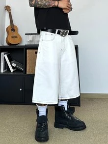 STEELVANCE 男士街頭風復古時尚百搭刺繡寬腿休閒牛仔短褲（不含腰帶與配件） - 白色 - 查看 4