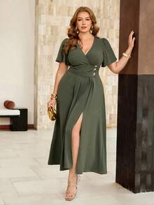 Roveilla Women's Plus Size Spring/Summer Olive Green Soft Fabric Shirred Waist Pleated Star Metal Buckle Elastic A-Line Slimming Skirt Split Hem Dress - Army Green - View 5