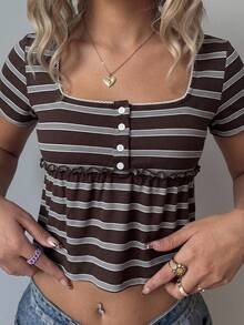 CovetEZ Brown Striped Casual Cute 90s Themed Women's Square Neck Short Sleeve Button Design T-Shirt Everyday Date Everyday Summer Travel Holiday - Brown - View 4