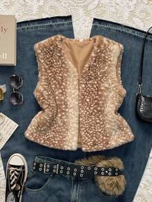 SHEIN EZwear 復古70年代優雅休閒街頭風棕色與白色波點人造毛無袖背心，生日旅行杜拜假期冬季日常穿搭 - 摩卡棕 - 查看 3