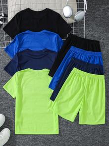 SHEIN 4套青少年男孩買4送4休閒純色字母印花短袖圓領T恤與短褲多件套裝，夏季上衣，夏季短褲，男孩套裝兒童套裝，適合春夏季，情人節，夏季穿搭，海灘週末，家庭聚會，返校季，婚禮季，運動，生日派對 - 彩色 - 查看 4