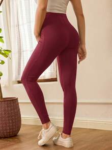 SHEIN 孕婦休閒百搭純色高腰內搭褲 - 紅色 - 查看 2