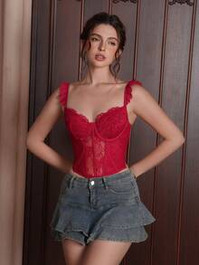 Myrelith 1pc Romantic Lace Eyelash Long Underwire Padded Bra - Burgundy - View 6