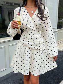 SHEIN Frenchy Women's Elegant French Vintage Polka Dot V-Neck Wrap Ruched Puff Sleeve Mini Dress Going Out Picnic Brunch Back To School Business Autumn Black White - Multicolor - View 3