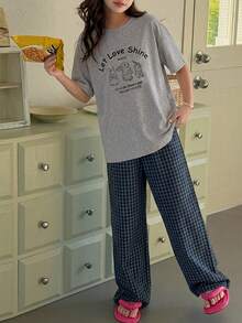 DAZY Tween Girls Crew Neck Printed Short Sleeve T-Shirt + Plaid Pajama Pants Set, Fall Outfit Summer - Dark Grey - View 3