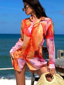 Swim Vcay 女款花卉印花單排扣休閒百搭日常外穿和服式罩衫 - 粉色 - 查看 3