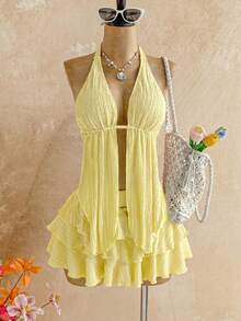 Soleia 2pcs Set:Textured Knit Halter Neck Asymmetric Hem Top + Low Waist Layered Ruffle Hem Skirt,Pale Yellow Summer Casual Beach Holiday Vacation Holiday - Pale Yellow - View 4