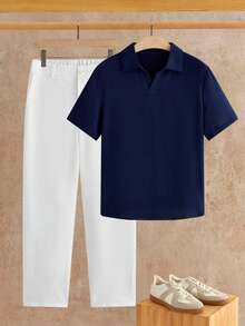 HIMLAND 男士純色短袖 Polo 衫與長褲休閒套裝 - 白色 - 查看 1