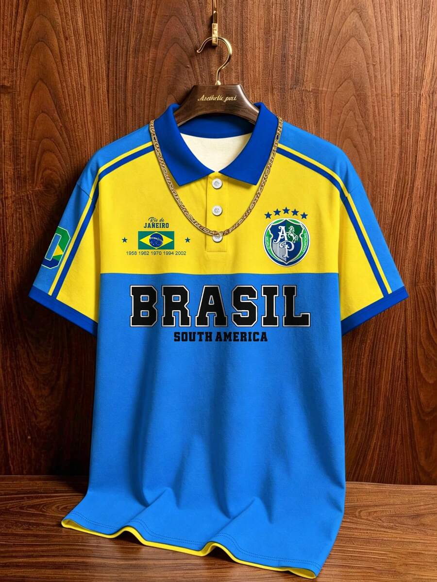Aesthetic Post 复古美式风格 Polo 衫,黄绿撞色,印有 BRASIL 字母和五星徽章,宽松休闲运动上衣,男女通用图案 T 恤,足球/橄榄球周边产品 - 彩色 - 查看 1