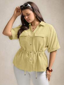 Zelara Plus Size Loose Drawstring Waist Shirt - Light Yellow - View 5