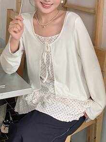 Dazy Plus Cardigan Kasual Lengan Panjang Warna Polos dengan Ikatan Depan, Motif Polkadot Kecil Modis, dan Hiasan Rumbai, Camisole Panjang, Set 2 Potong untuk Musim Semi, Musim Panas, Musim Gugur, Atasan yang Lucu - Aprikot - View 6