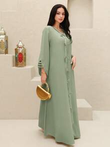 Yasmyna Women's Contrast Color Trim Bow Decor Elegant Long Sleeve Turkish Maxi Dress - Green - View 9