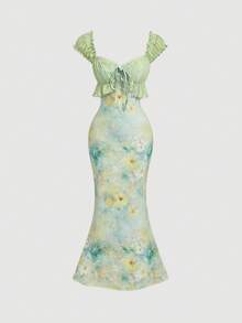 SHEIN MOD 油畫花卉貝殼袖修身魚尾長洋裝 - 彩色 - 查看 5