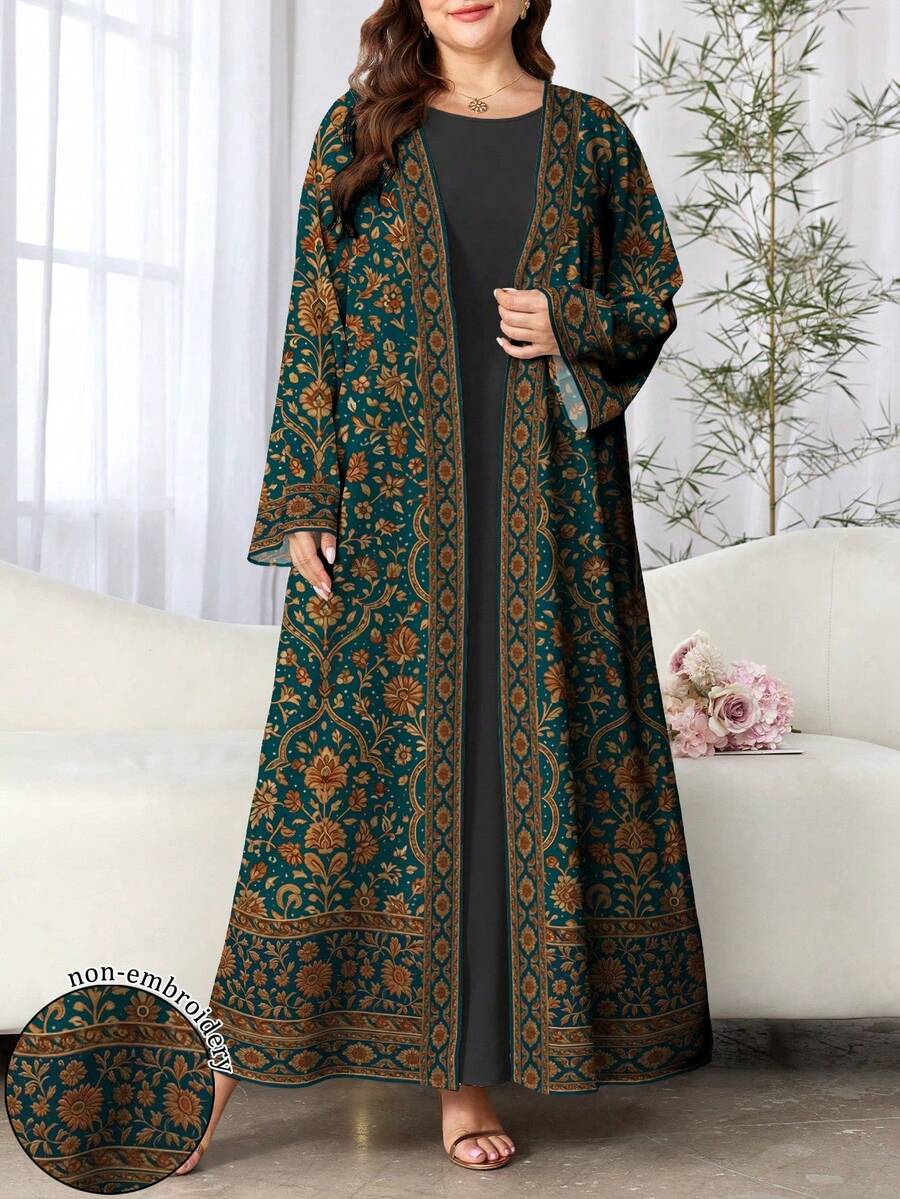 SHEIN Najma 女士波普艺术花卉数码印花长袖休闲阿拉伯长袍,春秋季 - 彩色 - 查看 1