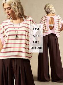 VARSIVA Women's Beige Colorblock Casual Versatile Daily Outing Striped T-Shirt Gym Summer. - Multicolor - View 8