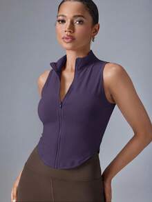 VARSIVA Camiseta deportiva sin mangas con cremallera delantera de unicolor para mujer - Morado - Ver 5