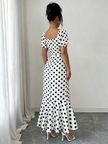 Elenzga New Women's Square Neck Floral Print Puff Sleeve Back Hidden Zipper Hem Fishtail Dress Ruffle Design Vacation Casual Daily Versatile Elegant Dress - Black and White - View 2