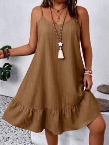 SHEIN LUNE CURVE Vestido casual de vacaciones con tirantes de camisola de unicolor talla grande - Marrón - Ver 4