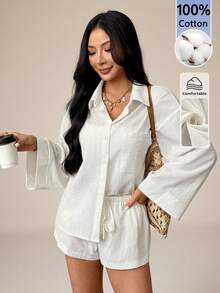 SHEIN PETITE 女款夏季新款休閒度假白色編織襯衫短褲套裝，舒適兩件套，適合嬌小女性 - 白色 - 查看 10