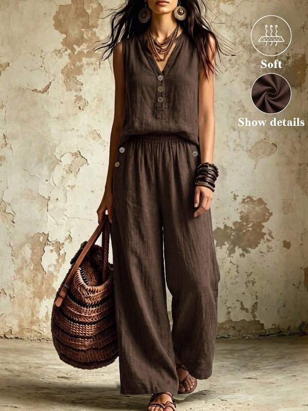 Wandoria Conjunto Vintage Cómodo de 2 Piezas con Decoración de Botones, Incluye Top sin Mangas con Cuello en V y Pantalones Largos, Adecuado para Usar en Primavera y Verano