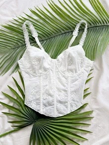 Soleia 女款燒花刺繡休閒百搭日常穿著細肩帶背心上衣 - 白色 - 查看 4