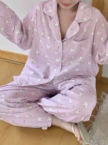Dazy Plus Cute Rabbit Pattern All-Over Print Cardigan Long Sleeve Long Pants 2-Piece Set Spring Wear Purple Autumn Pajama Set - Purple - View 5