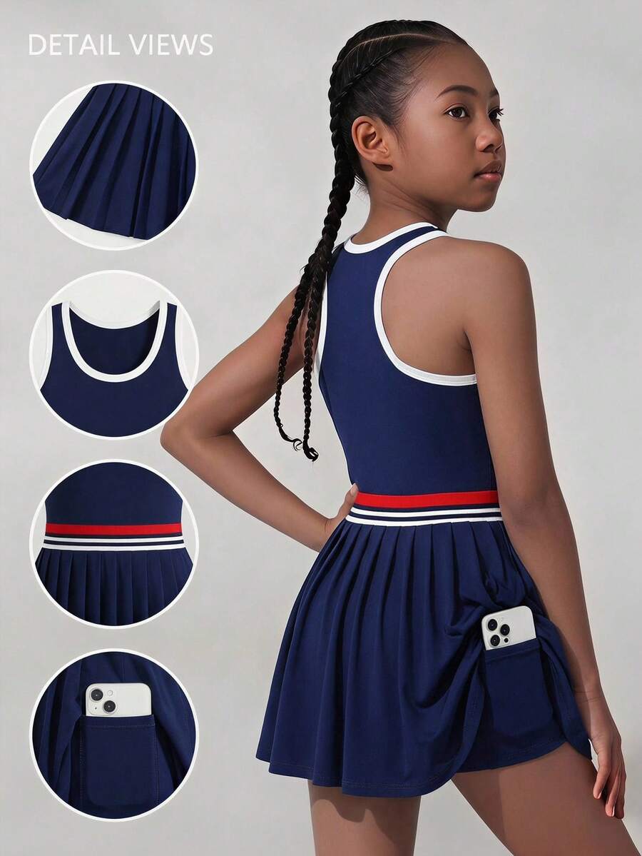 SHEIN 青少年女孩日常休閒運動純色交叉背心式運動洋裝 - 藍色 - 查看 1