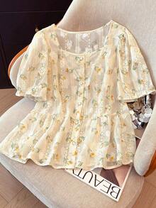 GlowEve CURVE Plus Size Embroidered Ditsy Floral Summer Vacation Carnival Party Casual Blouse Shirt - Apricot - View 4