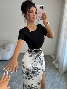 SHEIN Clasi 女款印花開衩下擺洋裝，優雅休閒風，印花圖案，適合日常度假戶外穿著的女式連身裙 - 彩色 - 查看 7