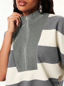 Denimoi Oversized Stripe Polo Shirt Fashion Tops Stripe Tops Everyday Wear Polo Tee Streetwear - Light Grey - View 5
