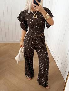 SHEIN EZwear 女款棕色與白色波點印花百褶上衣與寬鬆長褲套裝，適合度假、夏季休閒度假 - 咖啡棕 - 查看 5