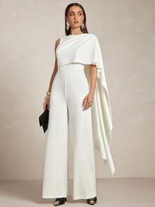 Silquee Women's Asymmetrical Shawl Collar Ribbon Round Neck Jumpsuit, Spring/Summer - Apricot - View 3
