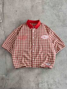 AXEPEAK Men's Summer Casual Plaid Shirt - Red - View 3