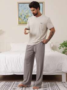 DAZY Bộ đồ ngủ áo và quần dài trơn thường ngày mùa hè cho nam - Nhiều màu - Xem 5