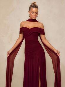 Lumalex Elegant Gray Minimalist Off Shoulder Ruched Asymmetric A-Line High Slit Dress, Suitable For Weddings, Formal Events, Galas, And Cocktail Parties Party - Burgundy - View 5