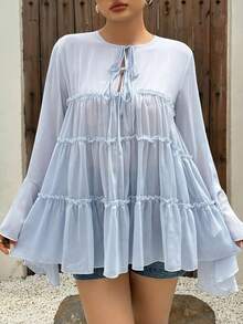 Dazy Plus Plus Size Round Neck Ruffle Flare Sleeve Chiffon Patchwork Tie-Front French A-Line Pullover Blouse, Spring/Summer Long Sleeve Vacation - Baby Blue - View 3