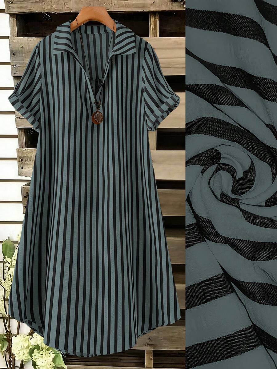 SHEIN Tall CURVE 大尺碼女款法式休閒夏季短袖V領長版洋裝 - 彩色 - 查看 1