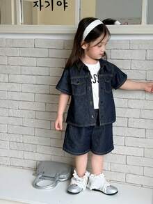 Dazy Kids Baby Girls' Collared Short Sleeve Shirt & Loose Denim Shorts Set Summer - Blue - View 6