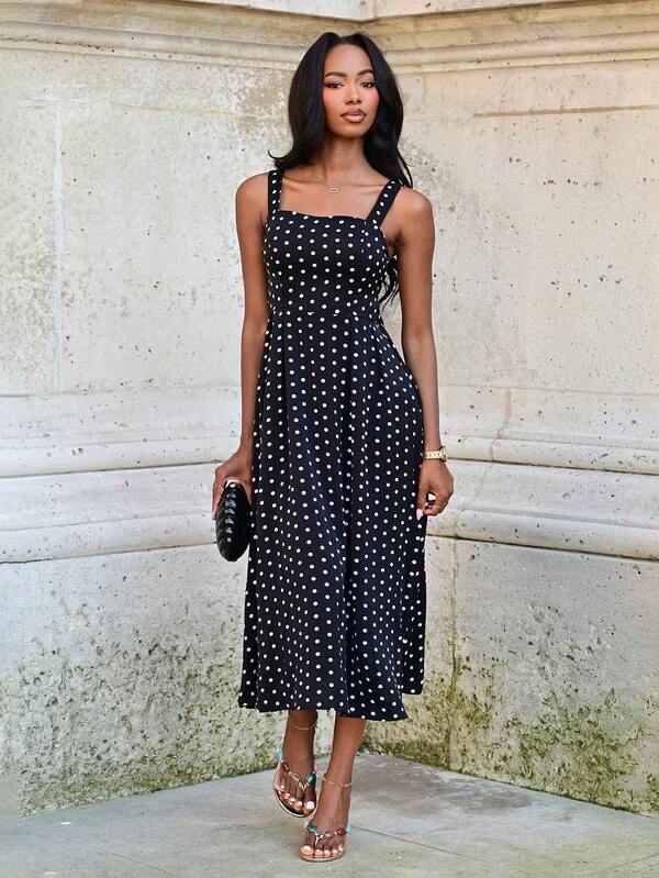 Mima John Robe longue élégante sans manches à col carré français et à pois à la taille pour femmes