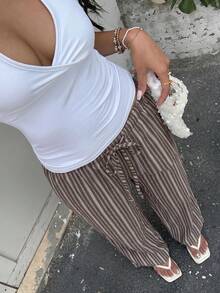 SHEIN EZwear 女款彩色條紋編織長褲 - 棕色 - 查看 3