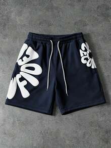 PAVTROS Pantalones cortos casuales y versátiles con estampado de letras y cordón en la cintura para hombres - Azul Marino - Ver 1
