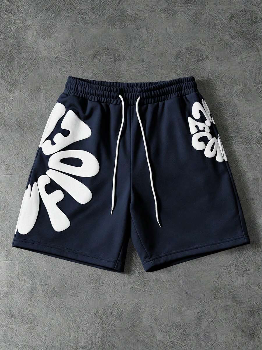 PAVTROS Pantalones cortos casuales y versátiles con estampado de letras y cordón en la cintura para hombres - Azul Marino - Ver 1