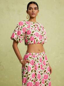 LOTSLUV Women's Summer Elegant Commute Vacation, Beige And Floral Print, Puff Sleeve Cropped Jacket And Skirt Two Pieces Set, 2 Pieces Sets, Two Pieces Set - Multicolor - View 6