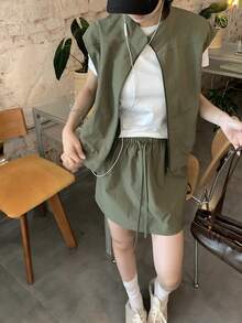 DAZY 女款無袖背心與裙子純色韓風兩件套夏季居家休閒套裝 - 軍綠色 - 查看 7