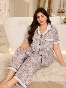 MuseNap CURVE Plus Size Leopard Print Puff Crinkle Lapel Front Open Short Sleeve Pants Pajama Set - Mocha Brown - View 1