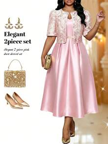 Fleurora Plus Size Women's Elegant Formal Solid Color Pleated Dress With Jacquard Cardigan 2-Piece Set Evening Wedding Guest Bride Pink Floral Light Luxury - Pink - View 5
