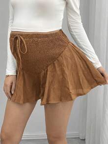 SHEIN Maternity Solid Color Drawstring Waist Ruched Casual Versatile Daily Wear Shorts - Brown - View 4