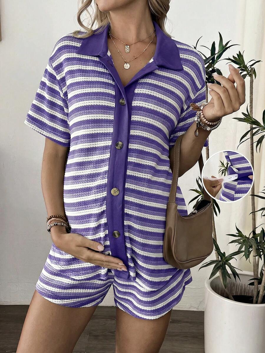 SHEIN 2件組孕婦短袖漸層條紋上衣與鬆緊腰綁帶短褲套裝 - 紫羅蘭色 - 查看 1